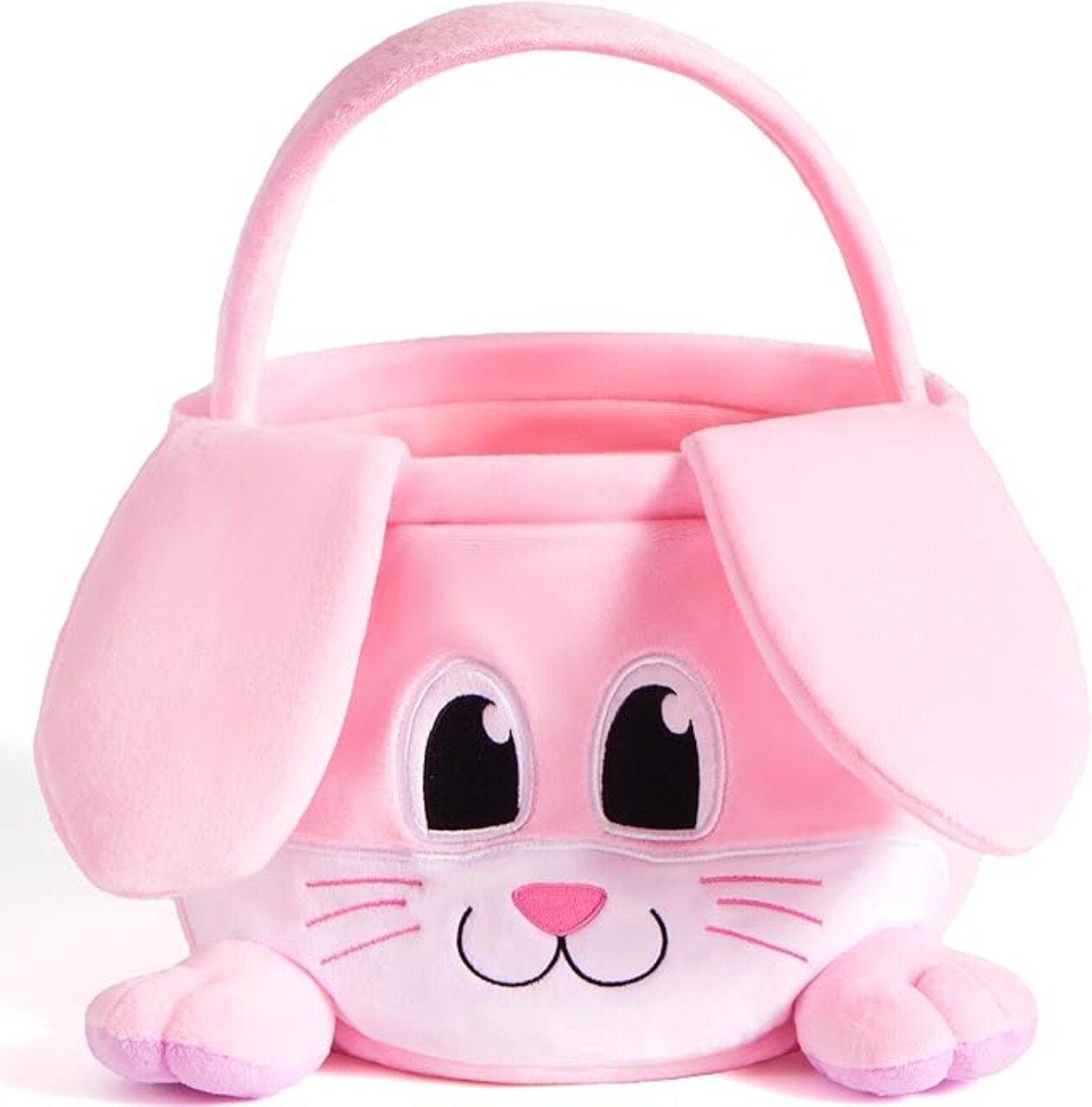 Easter Pink Bunny Basket, Pink Rabbit Backet with Foldable Ears, Empty Soft Basket with Handle, Easter Gifts for Babies, Kids Egg Hunt, Candy Bag Party Favor Storage Container(10.9”× 7.9”× 9.4”)